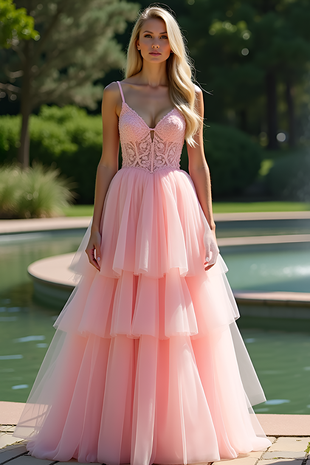 Princess Pink V-Neck A Line Tiered Corset Long Prom Dress