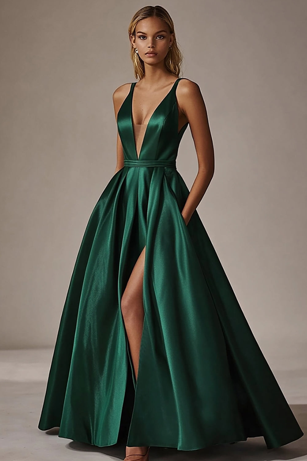 Dark Green V-Neck A Line Long Satin Long Prom Dress with Slit
