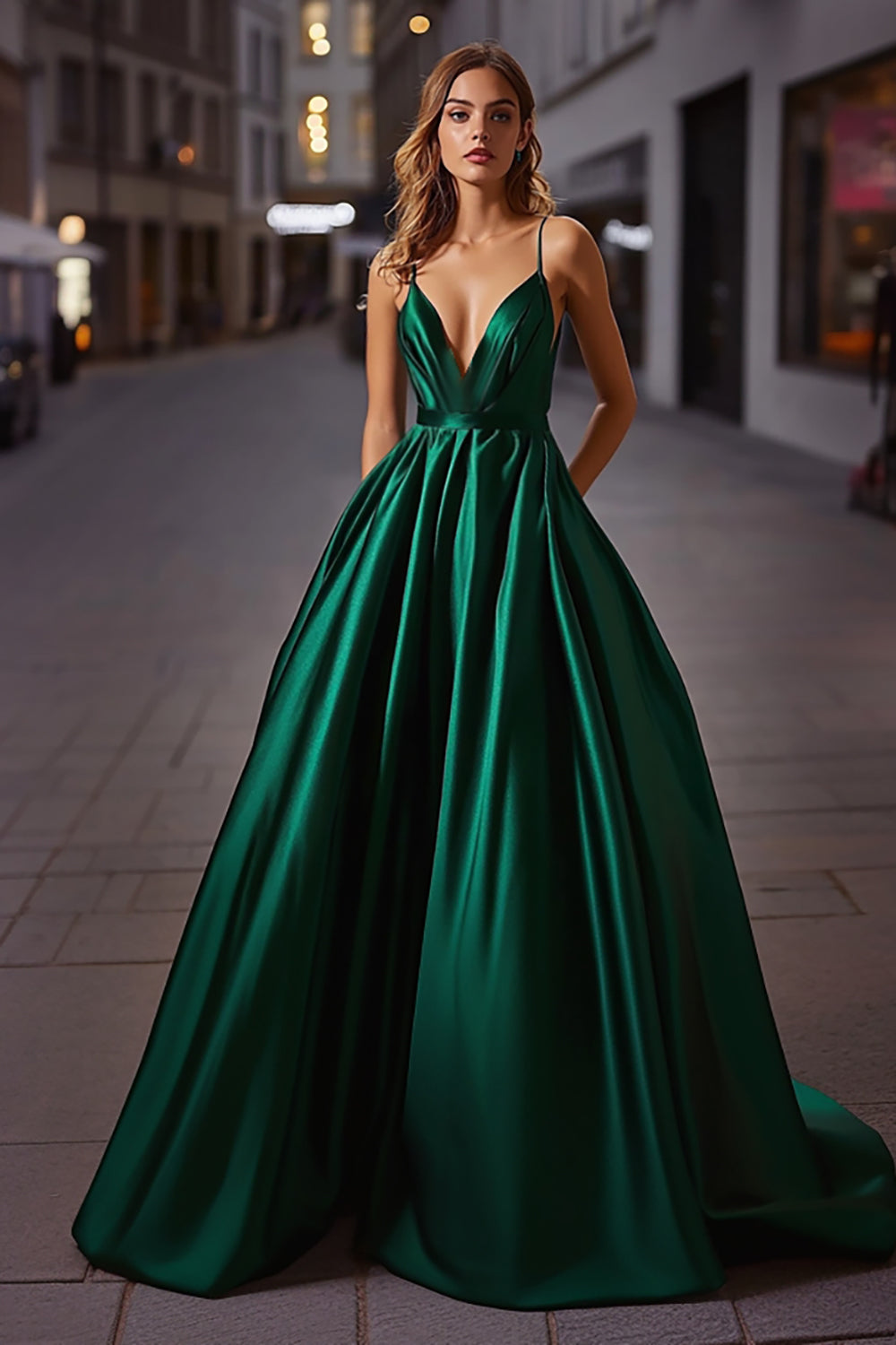 Dark Green Spaghetti Straps V-Neck A Line Long Satin Prom Dress