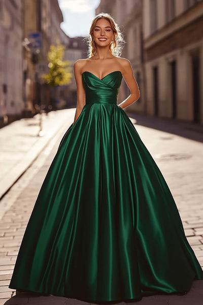 Leely Women Dark Green Sweetheart A Line Prom Dress Pleated Satin Strapless  Maxi Formal Dress – leelyuk
