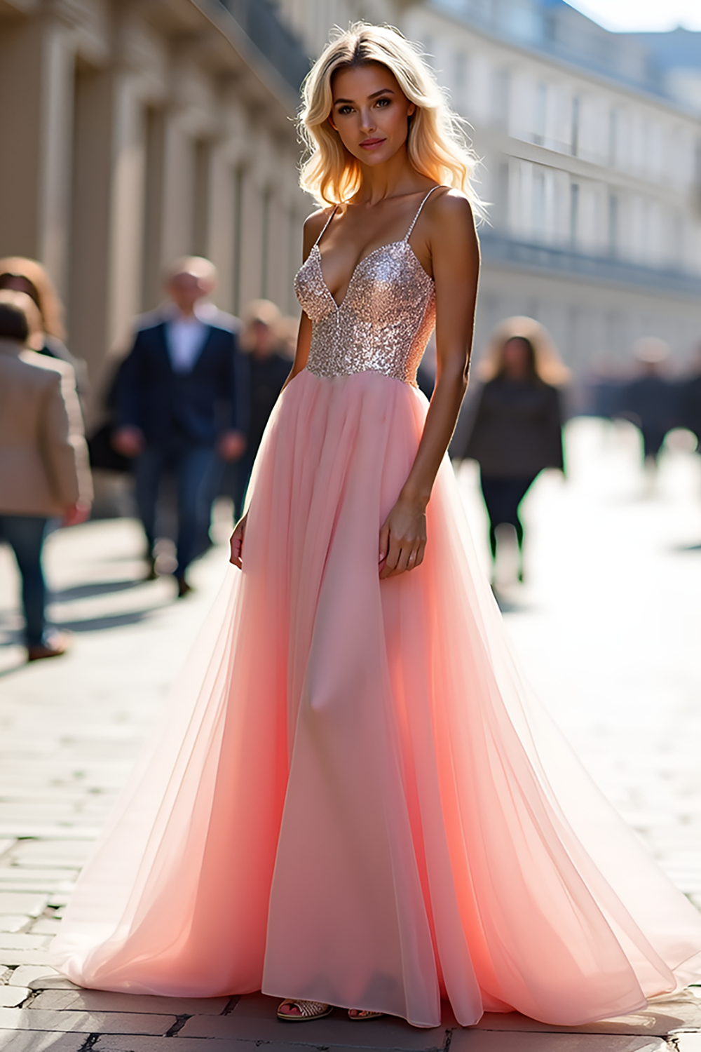 Sparkly Pink Spaghetti Straps A Line Long Prom Dress with Sequins