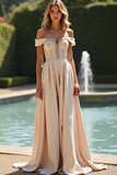 Champagne Off the Shoulder A Line Long Beaded Bridesmaid Dress