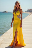 Yellow V-Neck Cut Out Sheath Satin Bridesmaid Dress with Slit