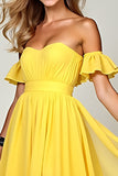 Yellow A Line Off the Shoulder Sweetheart Chiffon Bridesmaid Dress