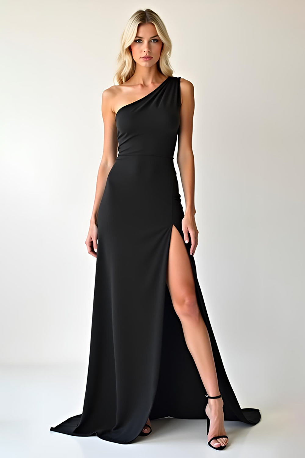 Simple Black One Shoulder Sheath Long Black Tie Dress with Slit