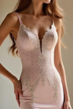 Spaghetti Straps Appliqued Pink Mermaid Satin Long Prom Dress