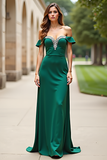 Dark Green Off the Shoulder Sheath Satin Beaded Prom Dress