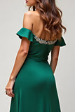 Dark Green Off the Shoulder Sheath Satin Beaded Prom Dress