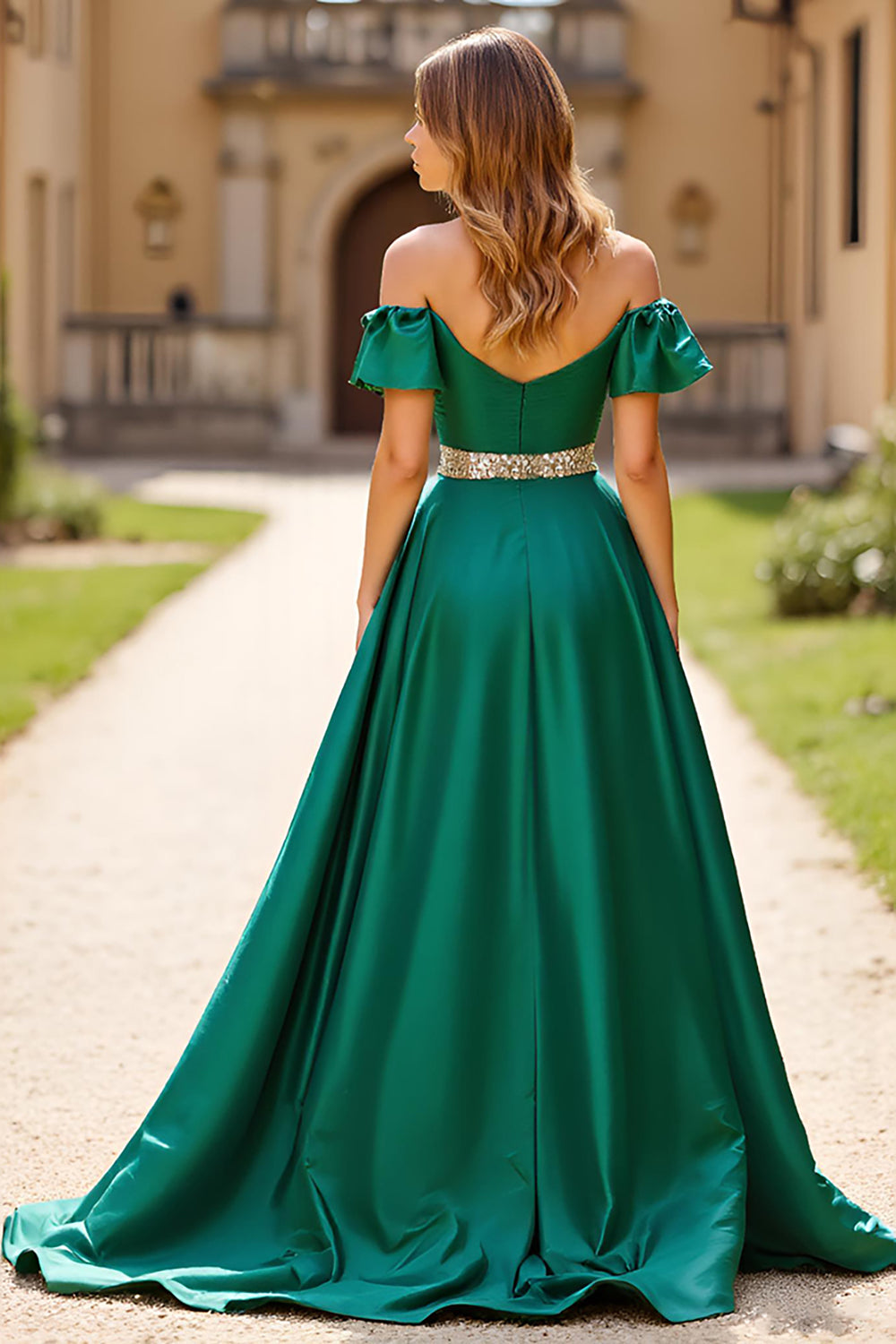 Dark Green A Line Off the Shoulder Ruffled Satin Prom Dress with Slit