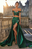 Dark Green Two Pieces Mermaid Satin Prom Dress with Slit