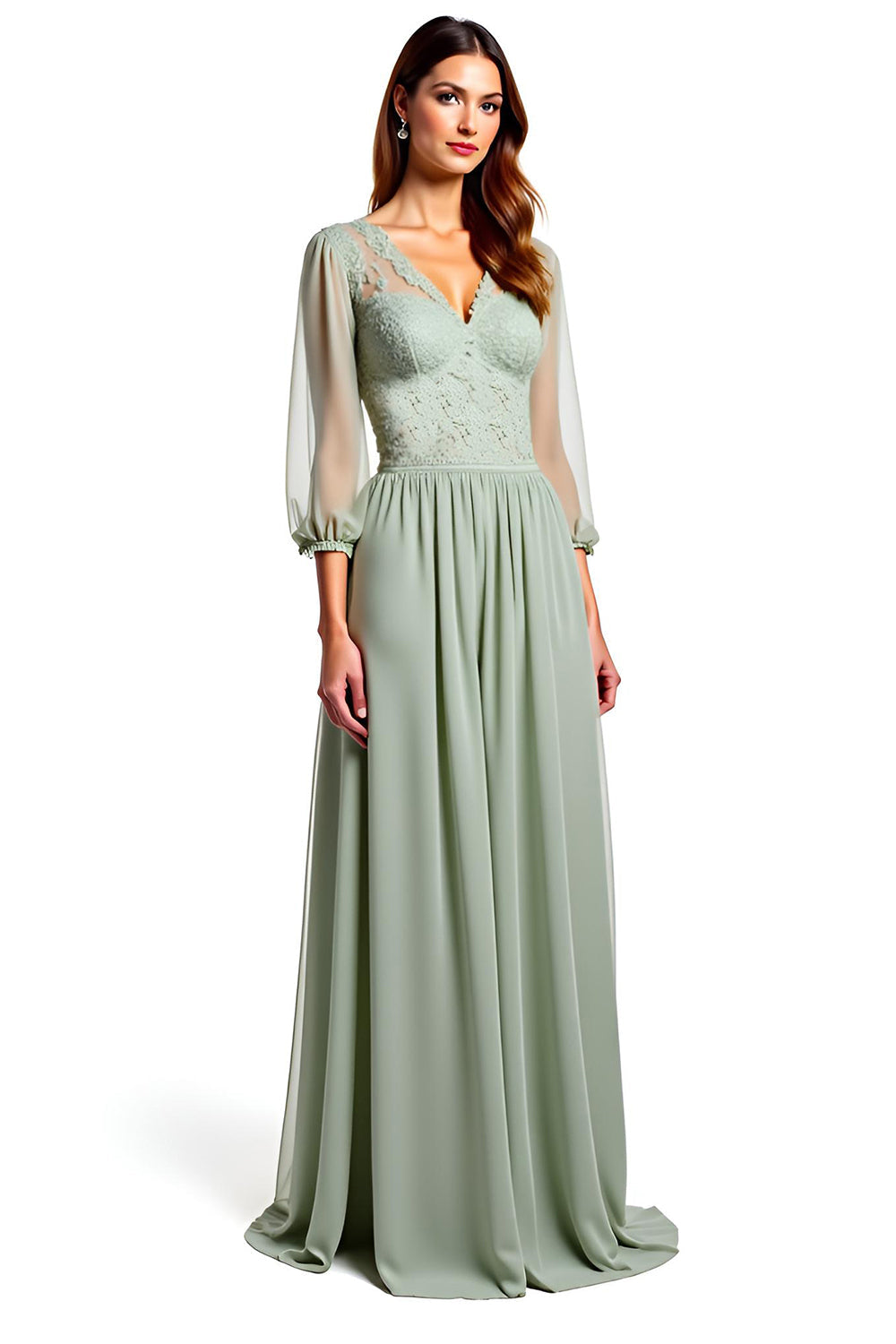 Dusty Sage A Line Sheer Sleeves Appliqued Long Bridesmaid Dress