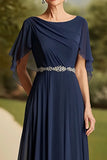 Navy Scoop Neck A Line Long Mother of the Bride Dress with Cape