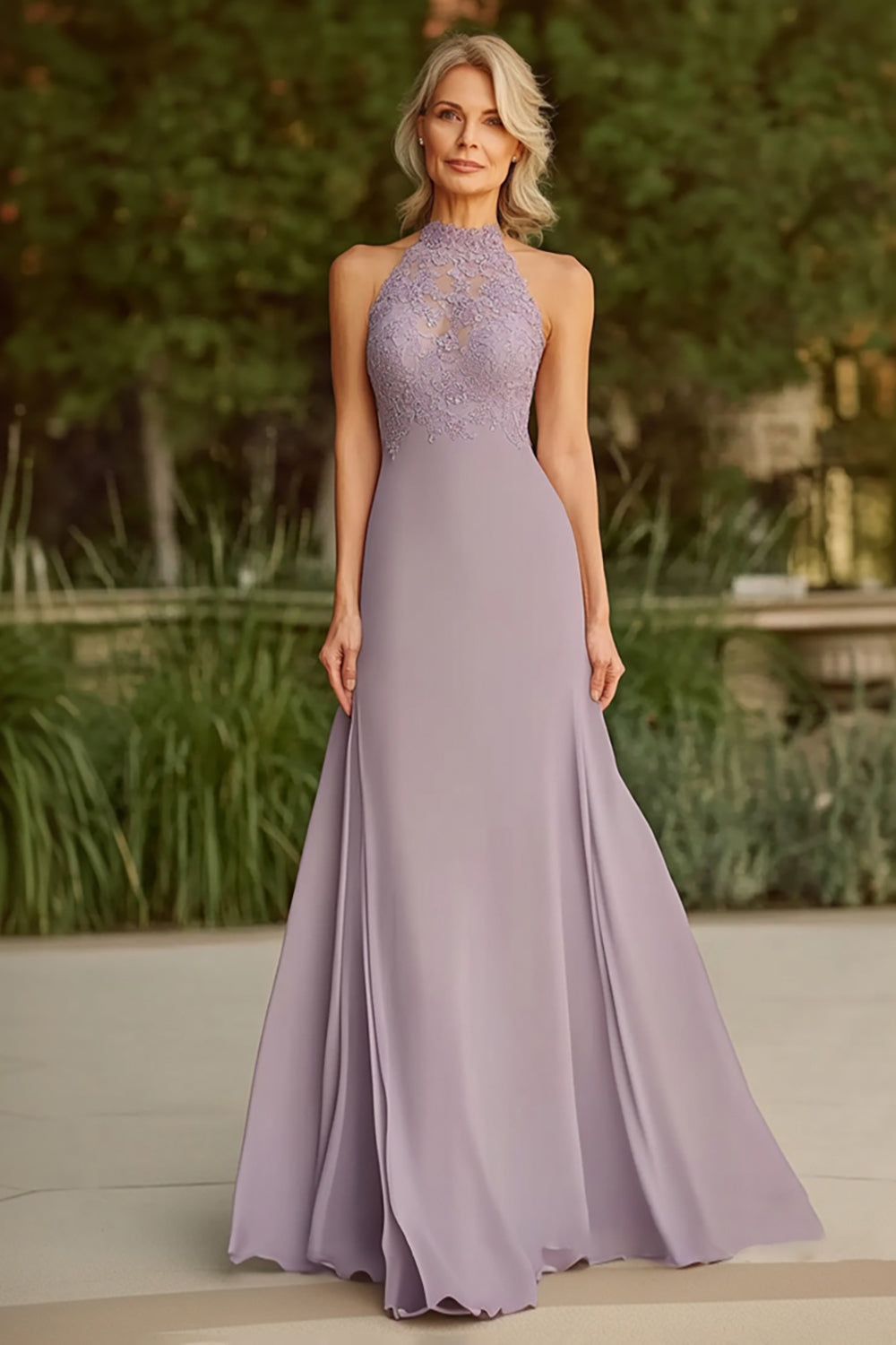 Lilac A Line Halter Lace  Applique Long Mother of the Bride Dress