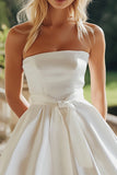 White Strapless A Line Midi Graduation Dress with Sash