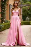 Pink Spaghetti Straps Ruched A Line Long Prom Dress with Slit
