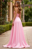 Pink Spaghetti Straps Ruched A Line Long Prom Dress with Slit