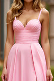 Pink Spaghetti Straps Ruched A Line Long Prom Dress with Slit