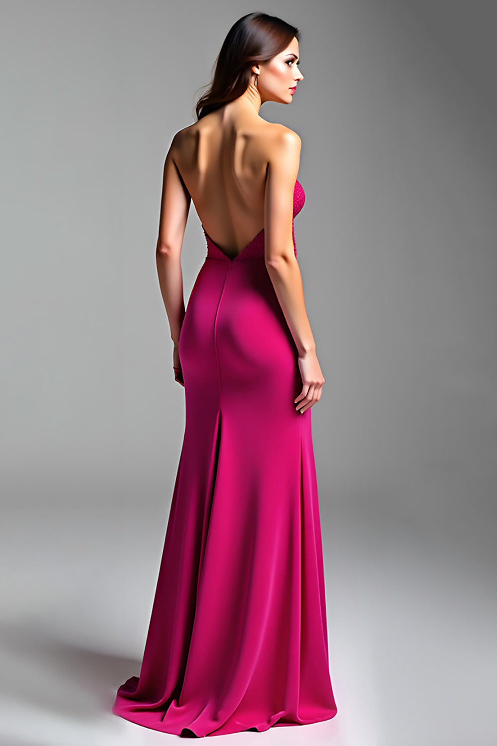Fuchsia Sheath Cut Out Strapless Backless Long Prom Dress