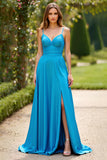 Blue Spaghetti Straps V Neck A Line Long Prom Dress with Slit