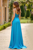 Blue Spaghetti Straps V Neck A Line Long Prom Dress with Slit