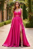 Fuchsia Cut Out Satin A Line Long Prom Dress with Slit