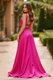 Fuchsia Cut Out Satin A Line Long Prom Dress with Slit
