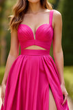 Fuchsia Cut Out Satin A Line Long Prom Dress with Slit