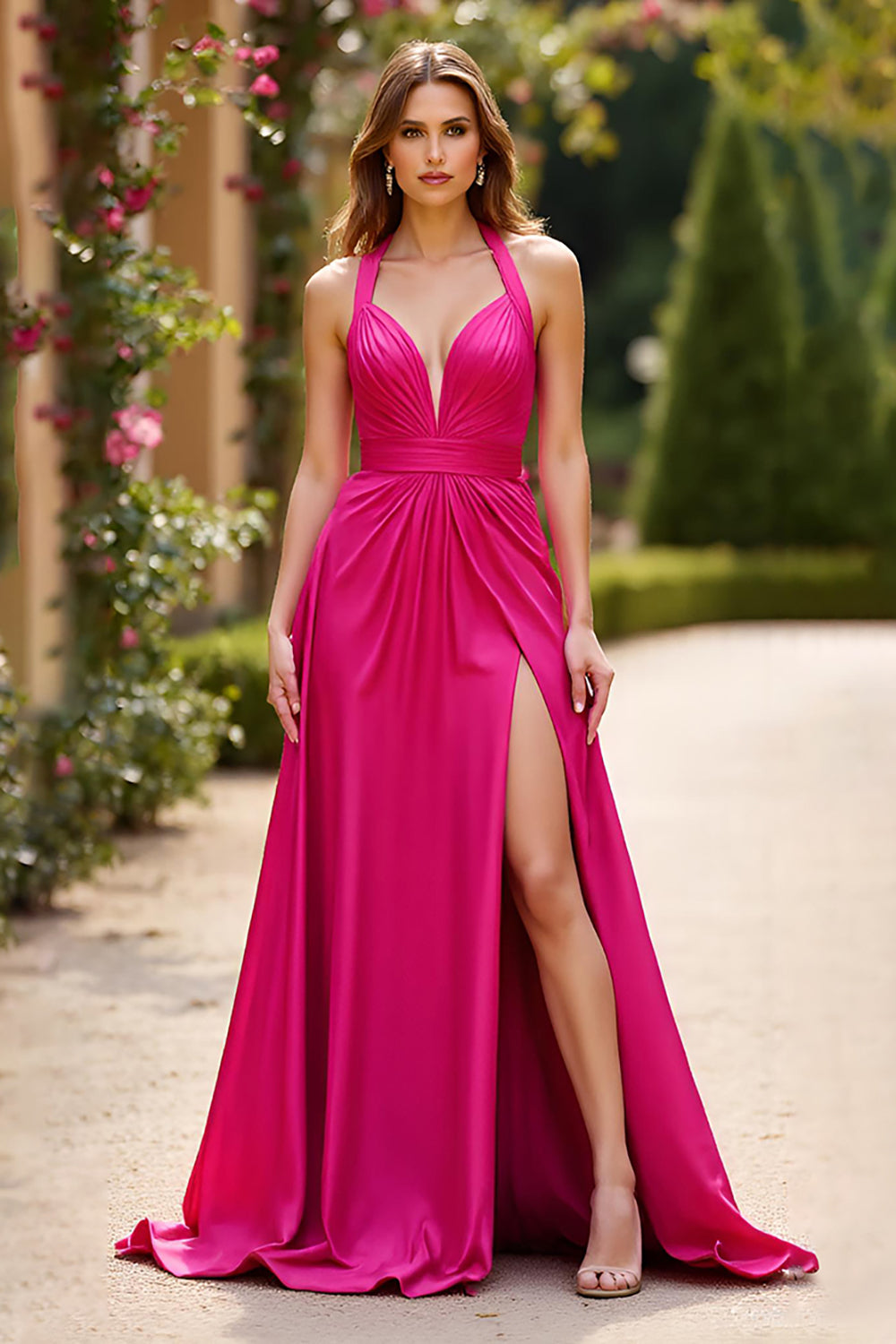 Fuchsia Halter Neck A Line Ruched Long Prom Dress with Slit