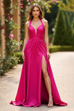Fuchsia Halter Neck A Line Ruched Long Prom Dress with Slit