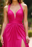 Fuchsia Halter Neck A Line Ruched Long Prom Dress with Slit