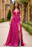 A Line V Neck Fuchsia Satin Cut out Long Prom Dress with Slit