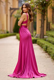 A Line V Neck Fuchsia Satin Cut out Long Prom Dress with Slit