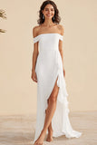 White Off the Shoulder Sheath Ruffled Graduation Dress with Slit