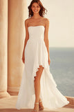 Strapless White Ruffled A Line Graduation Dress with Slit