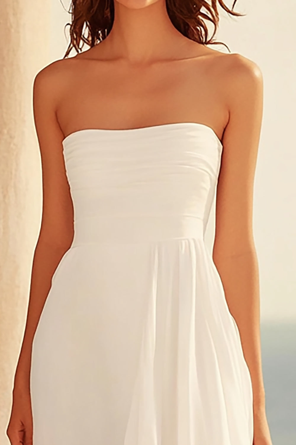 Strapless White Ruffled A Line Graduation Dress with Slit