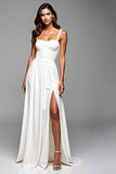 White A Line Backless Long Graduation Dress with Slit
