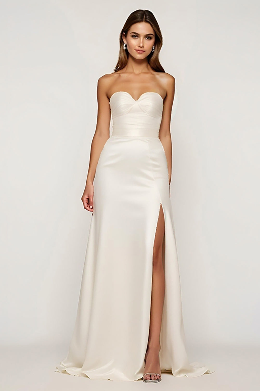Ivory Strapless Satin Sheath Long Graduation Dress with Slit