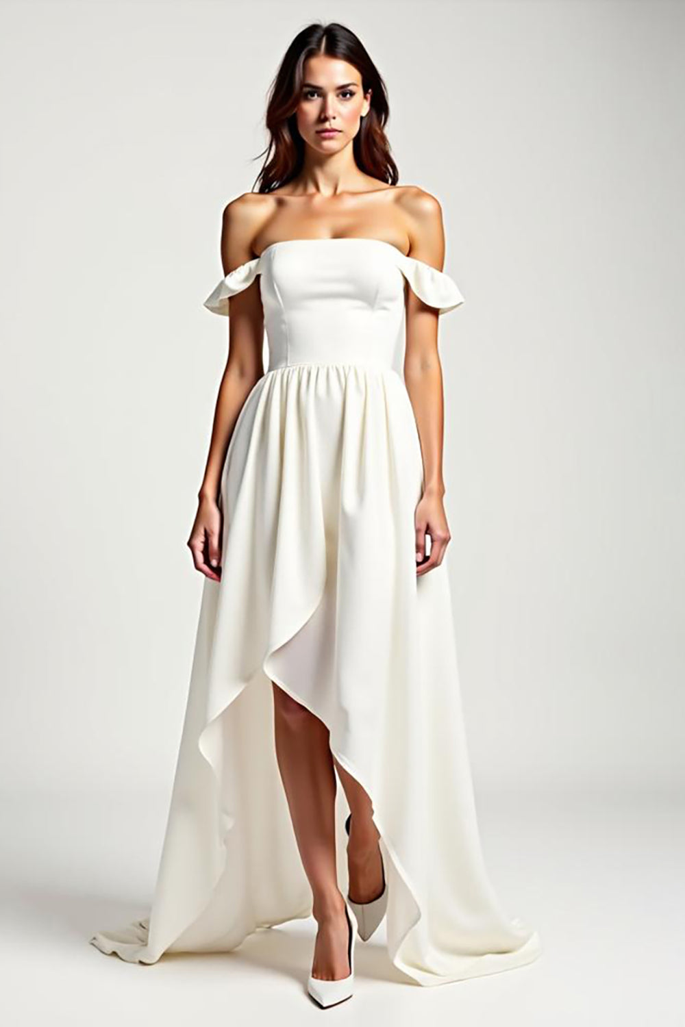 A Line Chiffon White Off the Shoulder High Low Graduation Dress