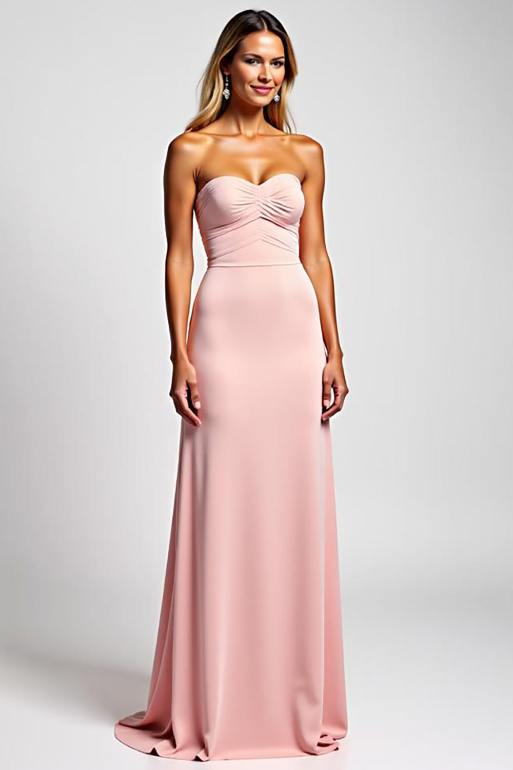 Sweetheart Sheath Pink Strapless Satin Long Bridesmaid Dress
