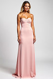 Sweetheart Sheath Pink Strapless Satin Long Bridesmaid Dress
