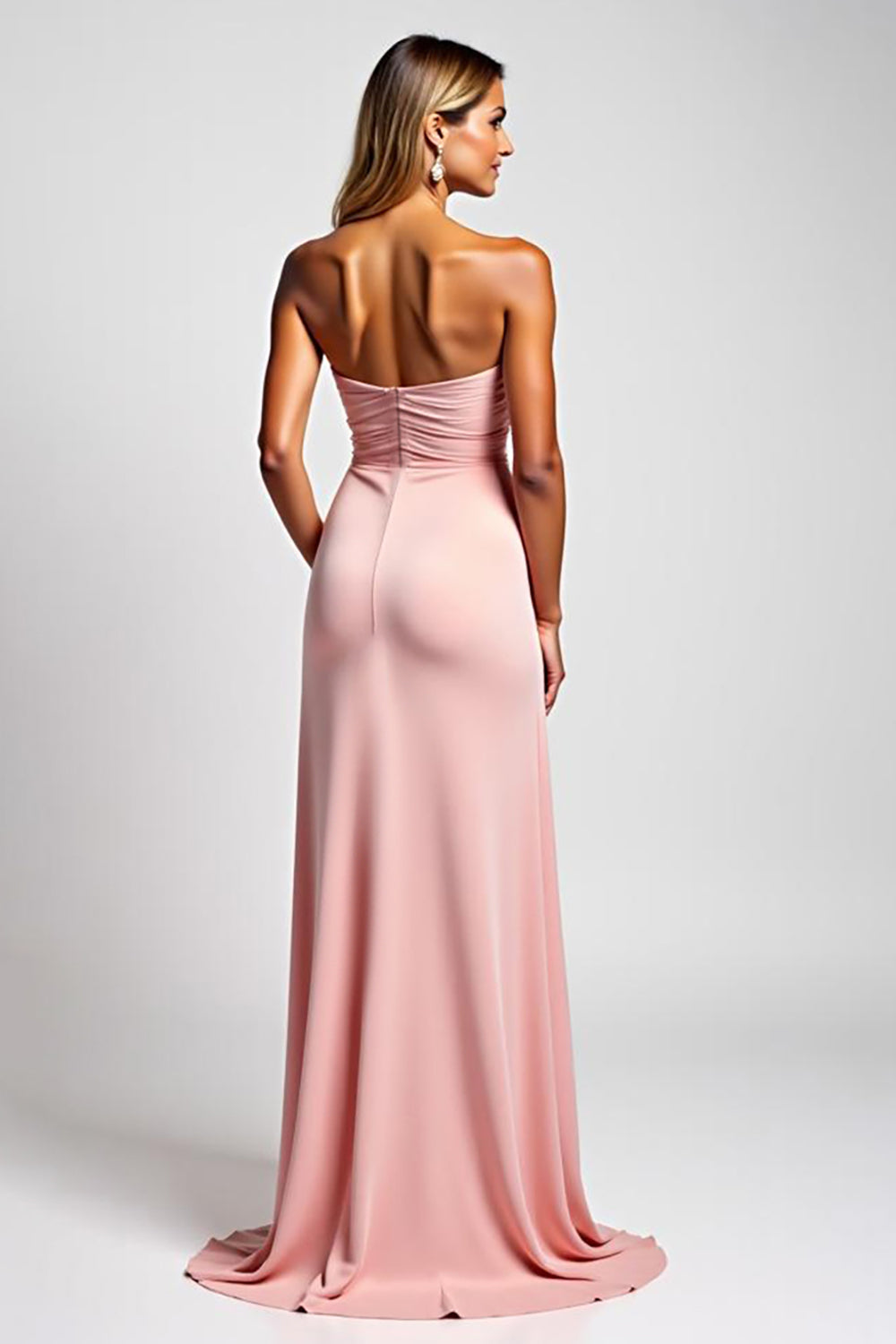 Sweetheart Sheath Pink Strapless Satin Long Bridesmaid Dress