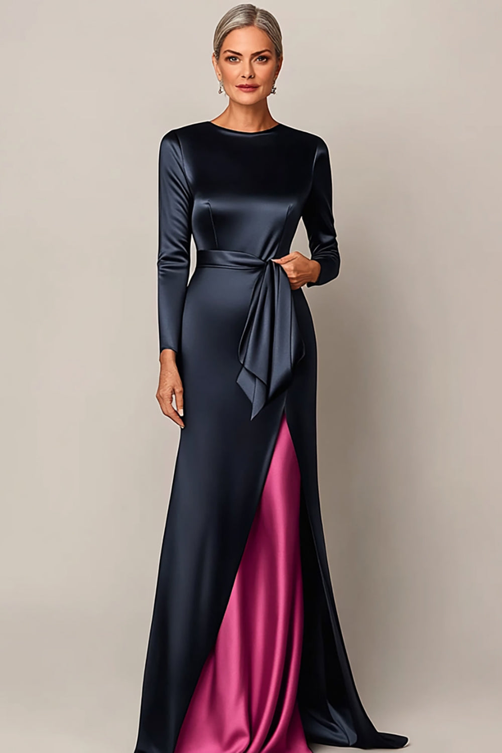 Leely Women Navy Satin Sheath Mother of the Bride Dress with Sash Long Sleeves Maxi Formal Dress