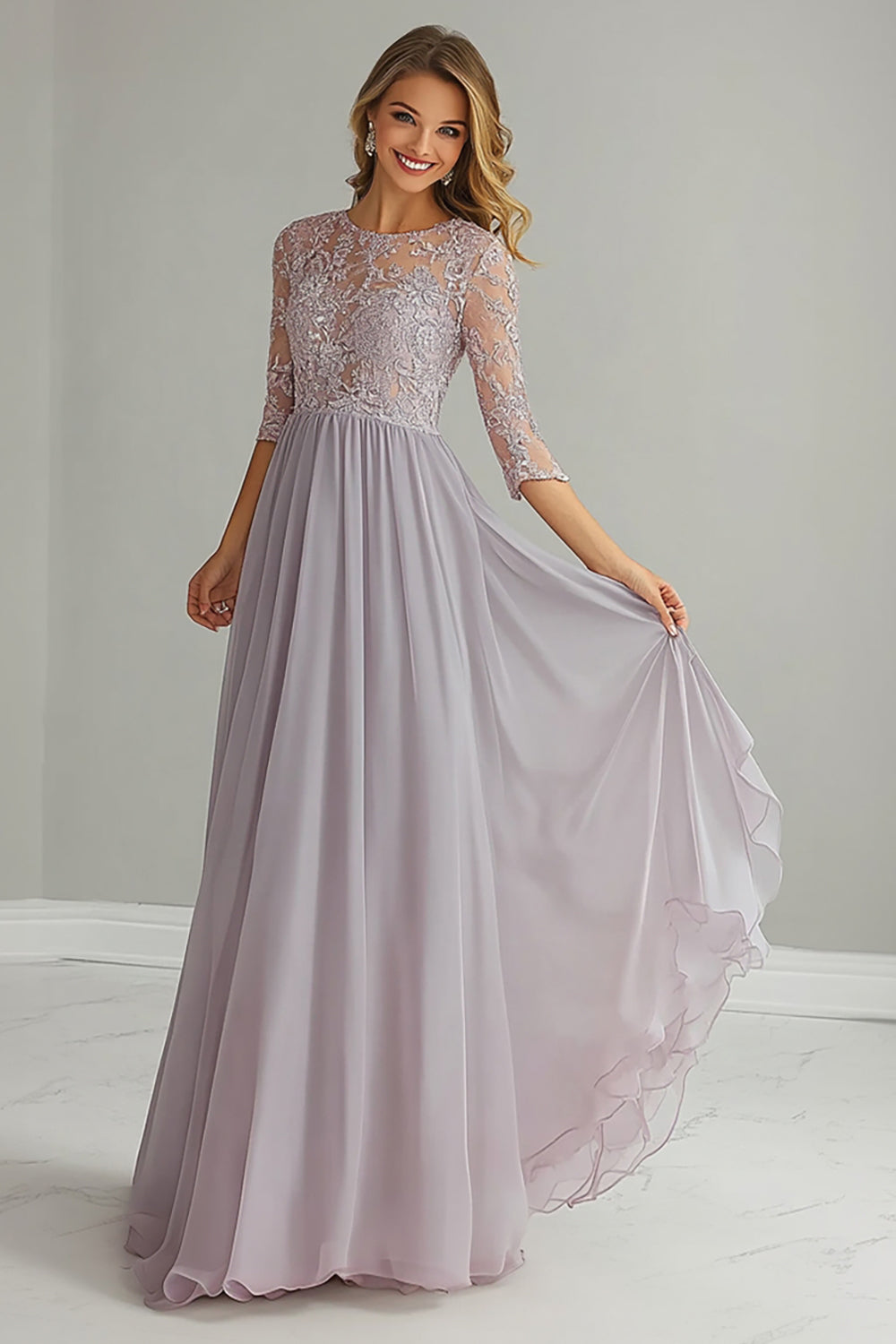 Silver A-Line 3/4 Sleeves Chiffon Applique Mother of the Bride Dress