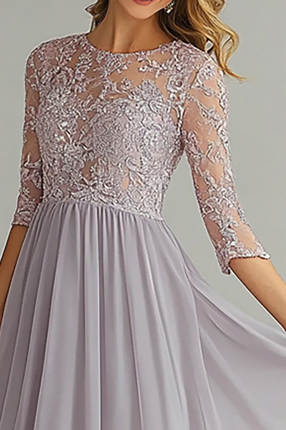 Silver A-Line 3/4 Sleeves Chiffon Applique Mother of the Bride Dress