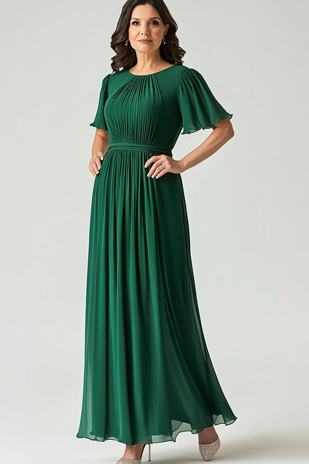 Dark Green Chiffon Ruffle Sleeves Mother of the Bride Dress