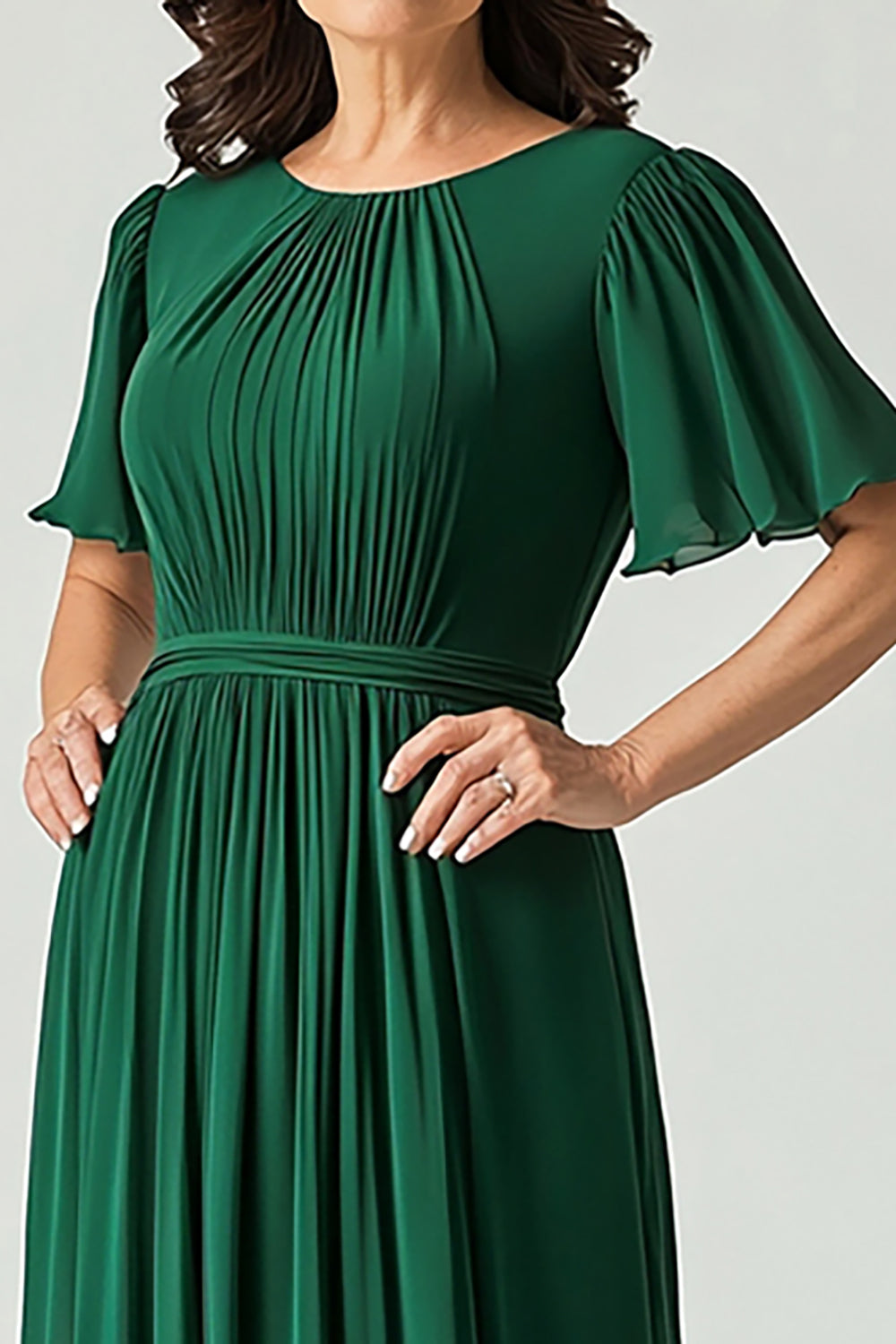 Dark Green Chiffon Ruffle Sleeves Mother of the Bride Dress