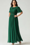 Dark Green Chiffon Ruffle Sleeves Mother of the Bride Dress