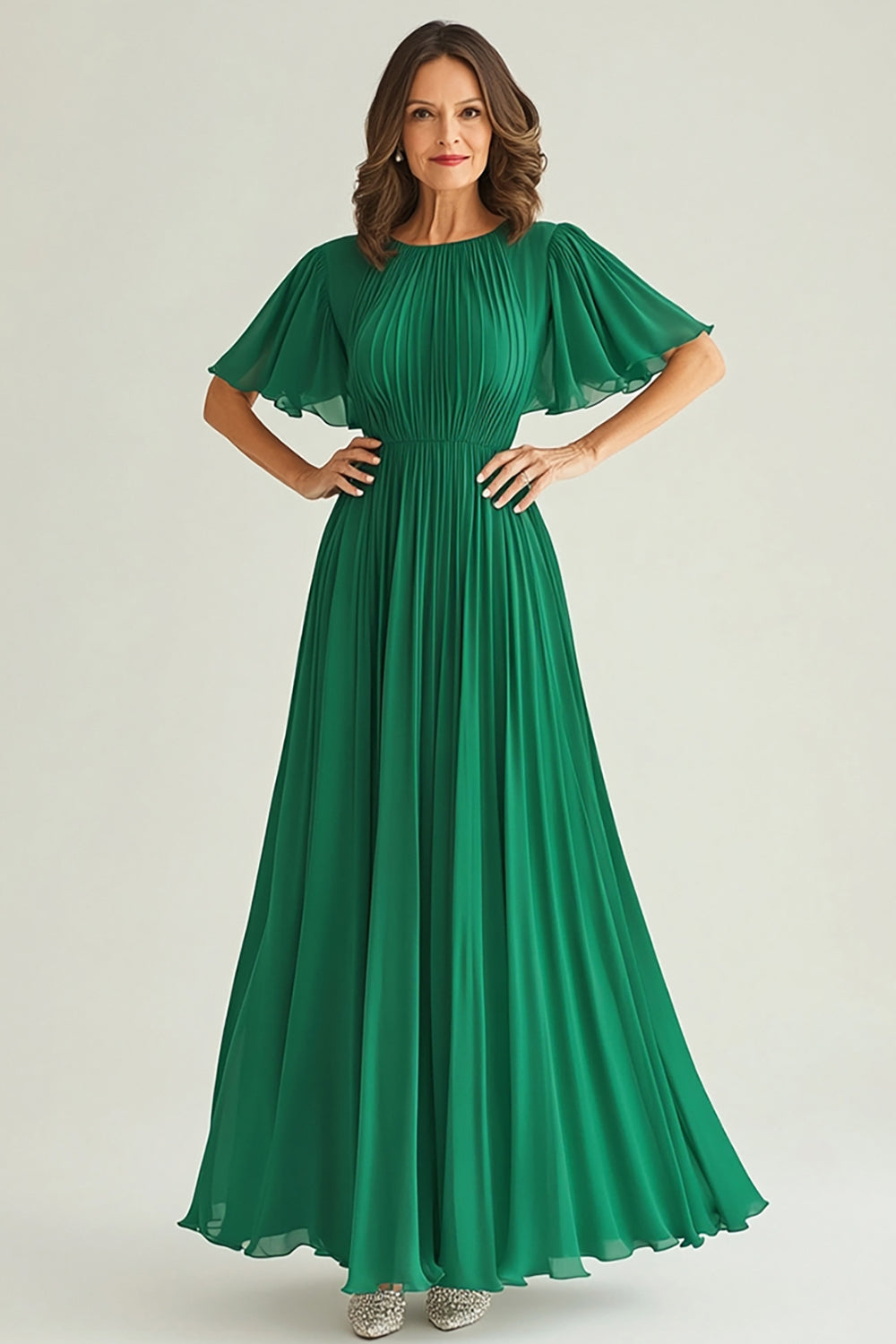 Dark Green Chiffon Pleated Ruffle Sleeves A-Line Mother of the Bride Dress