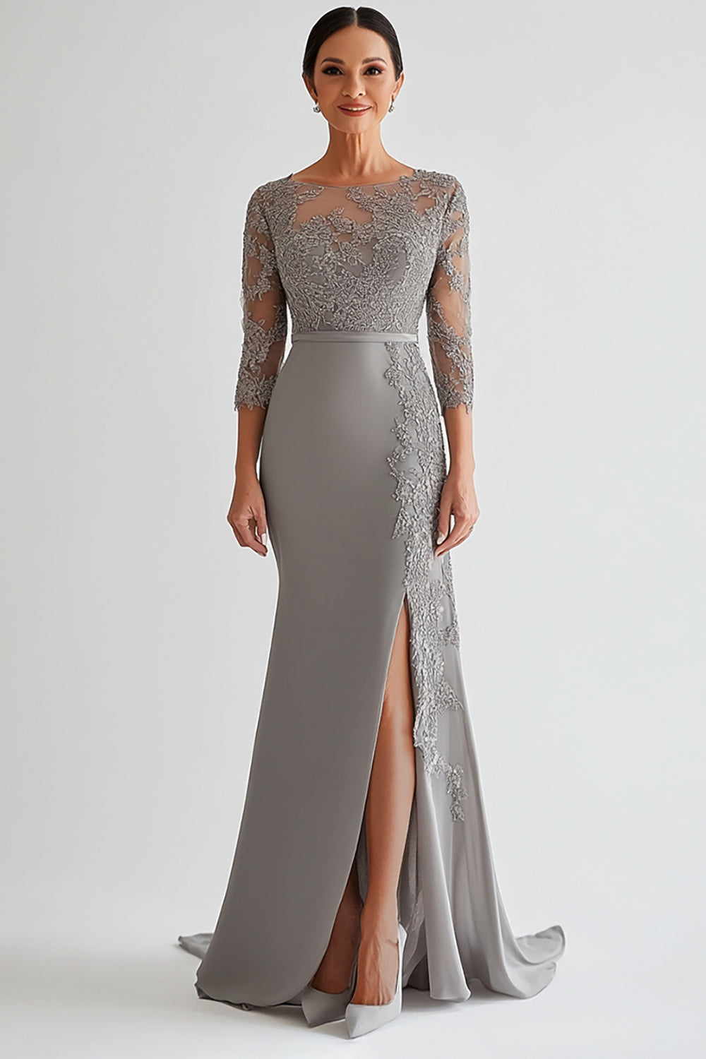 Silver Sheath Applique Floor Length Mother of the Bride Dress with Slit