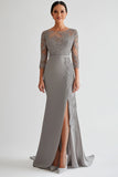 Silver Sheath Applique Floor Length Mother of the Bride Dress with Slit